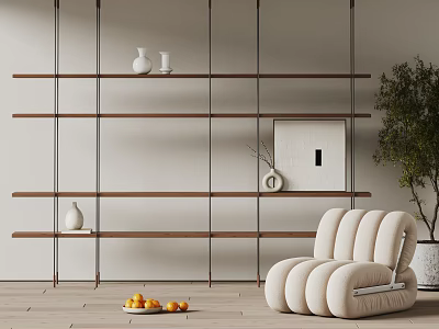Contemporary Shelf Unit With Ceramic Vases Framed Art Green Plant And Beige Chair 3d model