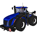 Blue Agricultural Tractor With Large Wheels And Red White Warning Stripes