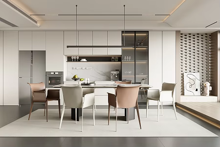 Home Restaurant Dining Table and Chair Wine Cabinet Refrigerator 3d model
