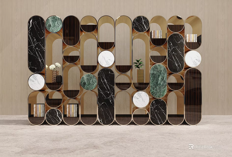 Modern Bookcase Design With Circular Mirrors Marble Panels And Decorative Plants 3d model
