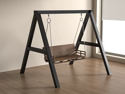 Modern Indoor Hanging Swing Chair With Black Frame Wooden Seat Wooden Floor And Window 3d model