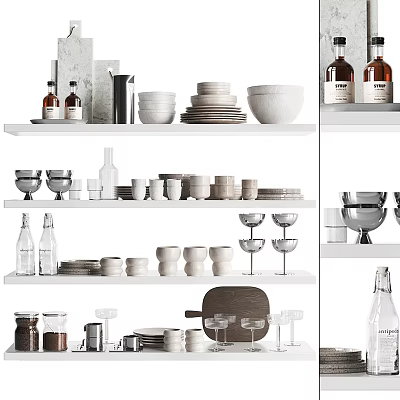 Stylish Tableware Collection for Kitchen Display with Bowls Plates Cups Glasses and Bottles on Shelves 3d model