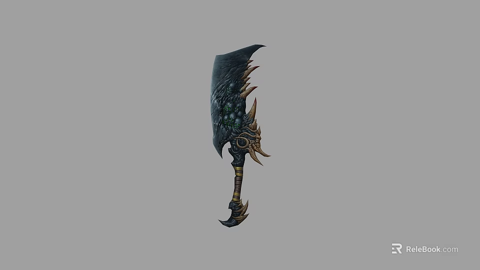 Ornate Mythical Weapon With Spiked Blade Green Gems And Golden Hilt 3d model 