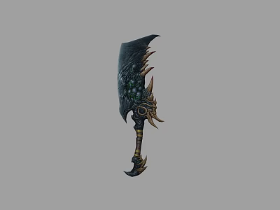 Ornate Mythical Weapon With Spiked Blade Green Gems And Golden Hilt 3d model