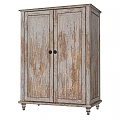 Distressed Wooden Wardrobe with Double Doors White Wood Finish Black Handles Wheels and Simple Panels