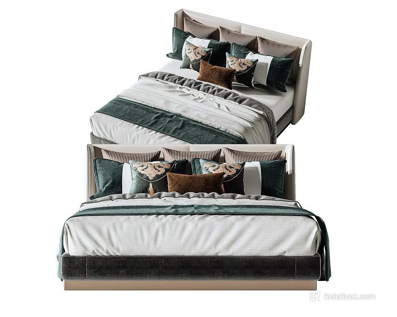 Elegant Modern Double Bed Design With Multiple Pillows And Green Gray Brown Bedding 3d model
