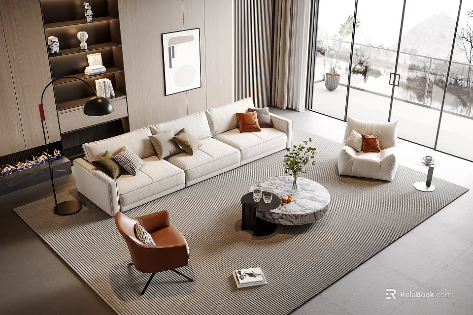 Modern Living Room Interior With Beige Sofa Round Marble Coffee Table Set Rug And Chairs 3d model 