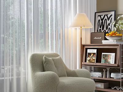 Cozy Beige Plush Lounge Chair With Sheer Curtains Floor Lamp And Bookshelf Decor 3d model