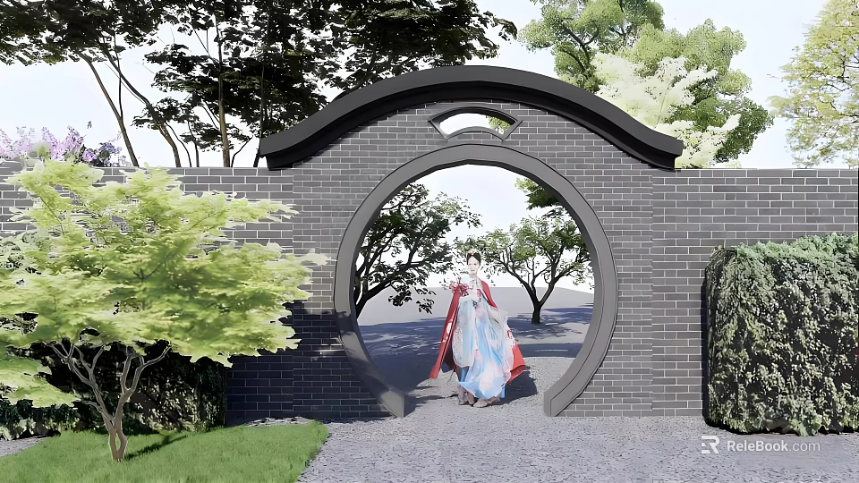 Traditional Chinese Garden Landscape With Brick Moon Gate Green Plants And Person In Traditional Attire 3d model 