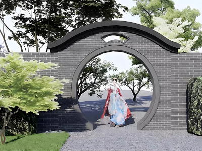 Traditional Chinese Garden Landscape With Brick Moon Gate Green Plants And Person In Traditional Attire 3d model