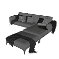 Modern Gray Sectional Sofa Interior With Checkered Pillows And Cozy Blankets 3d model