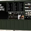 Modern Café Interior With Green Counter Menu Board Coffee Machine And White Cups