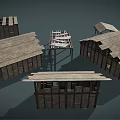 Traditional Wooden Building Models With Sloped Roofs And Open Frame Structures