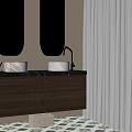 Modern Bathroom Vanity With Wooden Cabinet Black Countertop White Sinks And Round Mirrors
