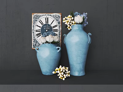 Blue Ceramic Vases With White Blue Flowers And Vintage Clock Wall Art On Dark Background 3d model
