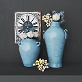 Blue Ceramic Vases With White Blue Flowers And Vintage Clock Wall Art On Dark Background