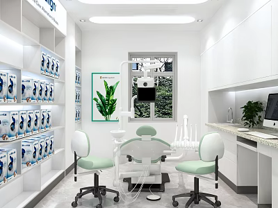 Modern Dental Clinic Interior With Treatment Chair Green Chairs And Medicine Shelves 3d model