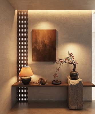 Quiet Ancient Style Entrance Hallway Decorative Entrance Hallway Table End View Platform Entrance Pot Flower Art Quiet Painting Quiet Style Table Lamp 3d model