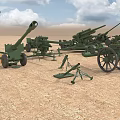 Green Military Artillery Weapons With Wheels Multiple Field Pieces On Desert Terrain