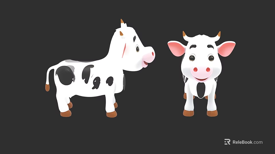 Two Cute Cartoon Cows With Black White Spots Brown Horns And Hooves 3d model 
