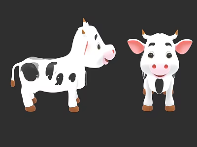 Two Cute Cartoon Cows With Black White Spots Brown Horns And Hooves 3d model