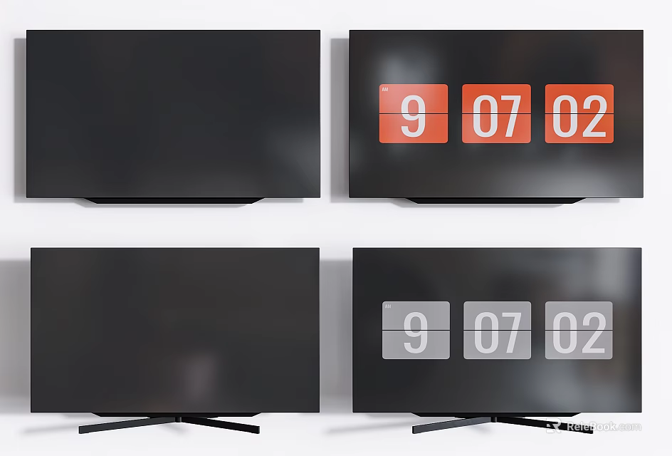 Different Modern TVs Showing Red And Gray Digital Date Display On Stands 3d model