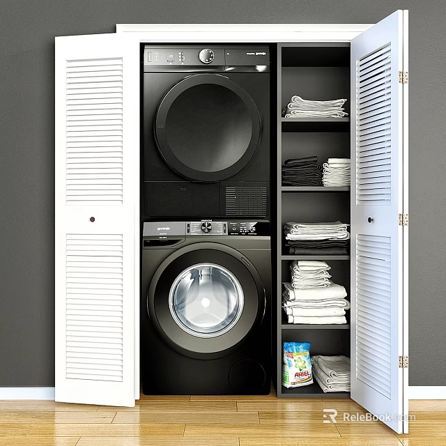 Laundry and Daily Use Items With Washing Machine Dryer Storage Cabinets Stacked Towels And Detergent 3d model 