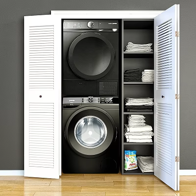 Laundry and Daily Use Items With Washing Machine Dryer Storage Cabinets Stacked Towels And Detergent 3d model