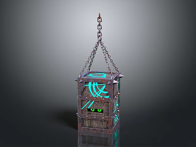 Vintage Lantern With Metal And Wooden Structure Hanging By Chain Glowing Green Patterns And Eyes 3d model