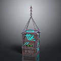 Vintage Lantern With Metal And Wooden Structure Hanging By Chain Glowing Green Patterns And Eyes