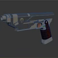 Metallic Futuristic Pistol With Silver Structure Red Grip And Emblem Design Features 3d model