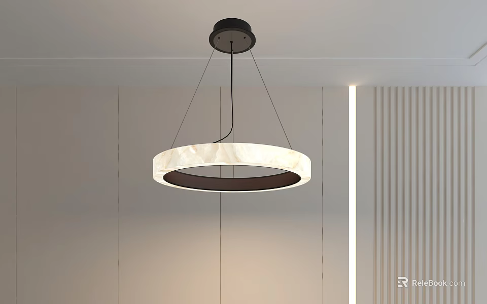 Modern Circular Pendant Light With Marble Texture And Black Frame In Minimalist Interior 3d model 