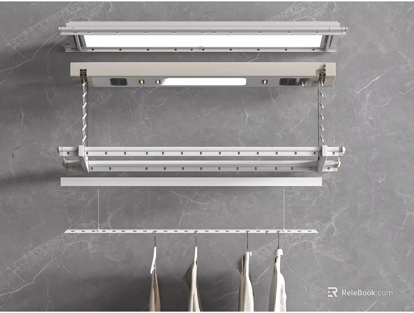 Modern Wall Mounted Metal Clothes Hanger on Grey Marble Wall with Hanging Clothes 3d model 