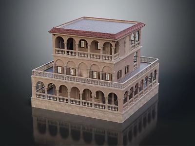 Ancient Architecture Two Story Building Featuring Arched Windows Balconies Stone Exterior And Red Roof 3d model