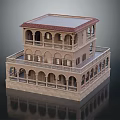 Ancient Architecture Two Story Building Featuring Arched Windows Balconies Stone Exterior And Red Roof