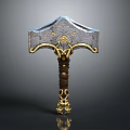 Ornate War Hammer With Metallic Head Golden Accents And Brown Leather Handle
