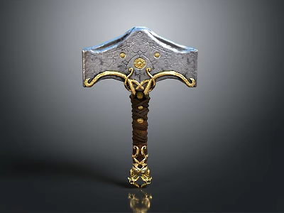 Ornate War Hammer With Metallic Head Golden Accents And Brown Leather Handle 3d model