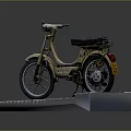 Classic Vintage Beige Leading Motorcycle With Black Seat On Gray Yellow Striped Platform