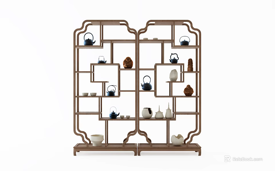 Chinese Style Wooden Curio Shelf Displaying Tea Sets And Ceramic Ornaments 3d model 