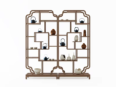 Chinese Style Wooden Curio Shelf Displaying Tea Sets And Ceramic Ornaments 3d model