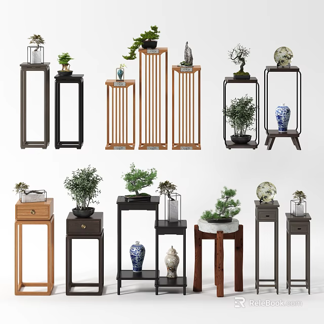 Various Wooden Plant Stands With Different Designs Displaying Plants Vases And Bonsai 3d model 