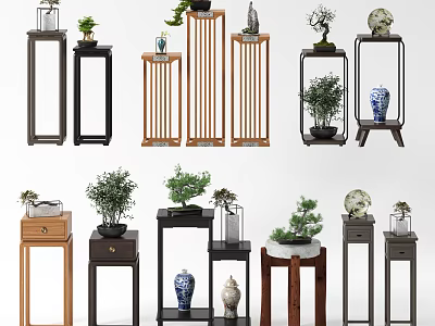Various Wooden Plant Stands With Different Designs Displaying Plants Vases And Bonsai 3d model