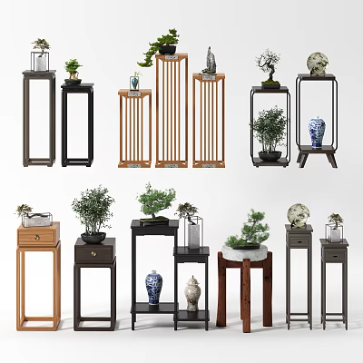 Various Wooden Plant Stands With Different Designs Displaying Plants Vases And Bonsai 3d model