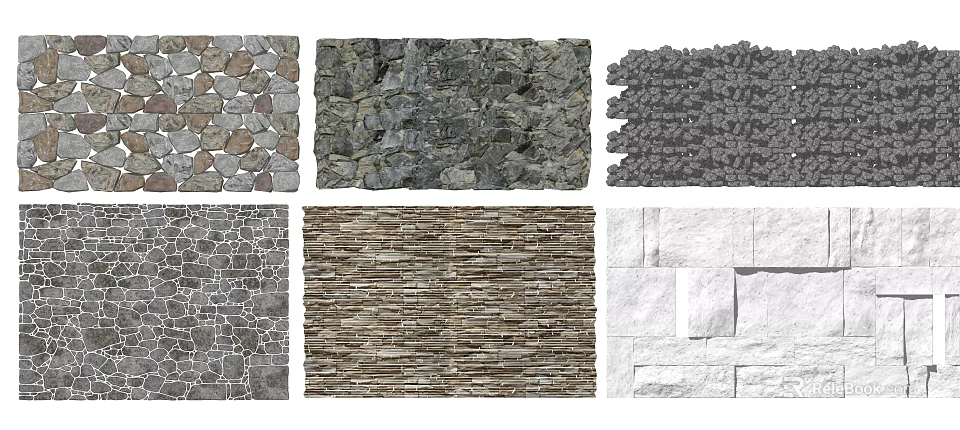 Different Material Feature Walls With Stone Pebble Brick Wood Textures 3d model