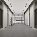 Modern Office Corridor Interior Design With Elevators And Business Person Standing 3d model