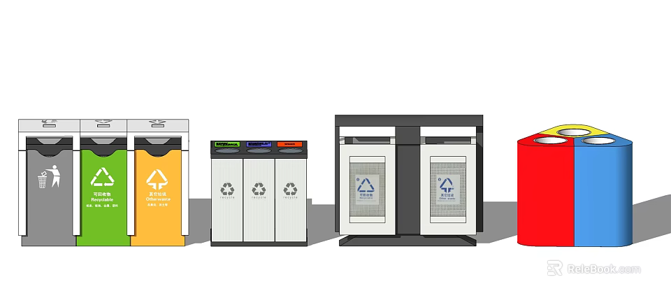 Public Waste Recycling Containers With Multiple Compartments For Waste Sorting 3d model 