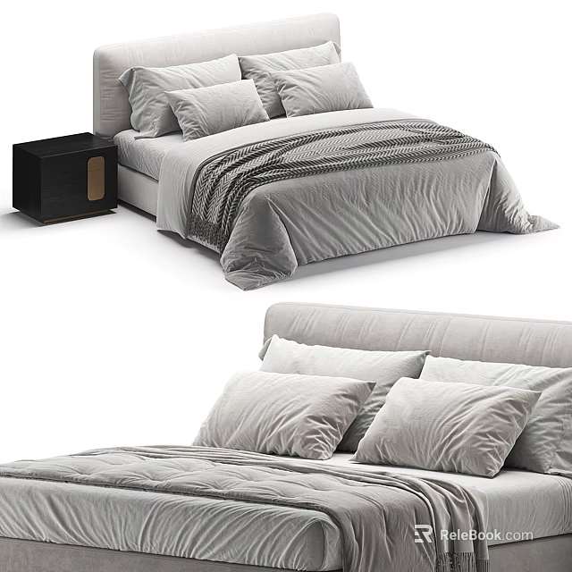 Modern Double Bed Interior Design Featuring Soft Gray Bedding Plush Pillows And Wooden Nightstand 3d model
