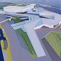 Modern Coastal Architectural Complex With Geometric White Structures And Waterfront Green Areas 3d model