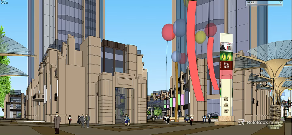 Vibrant Commercial Street With Tall Buildings Colorful Balloons Pedestrians And Store Signs 3d model 
