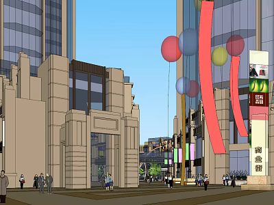 Vibrant Commercial Street With Tall Buildings Colorful Balloons Pedestrians And Store Signs 3d model